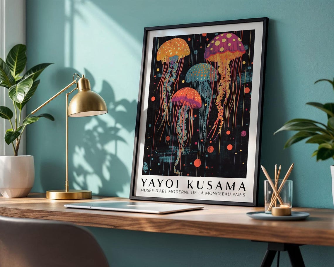 Yayoi Kusama Colorful Jellyfish in a Dotted Deep Sea Art Poster - Image 4