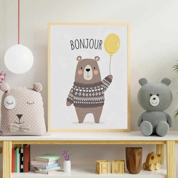 Bonjour Bear Nursery Decor, Scandinavian Poster
