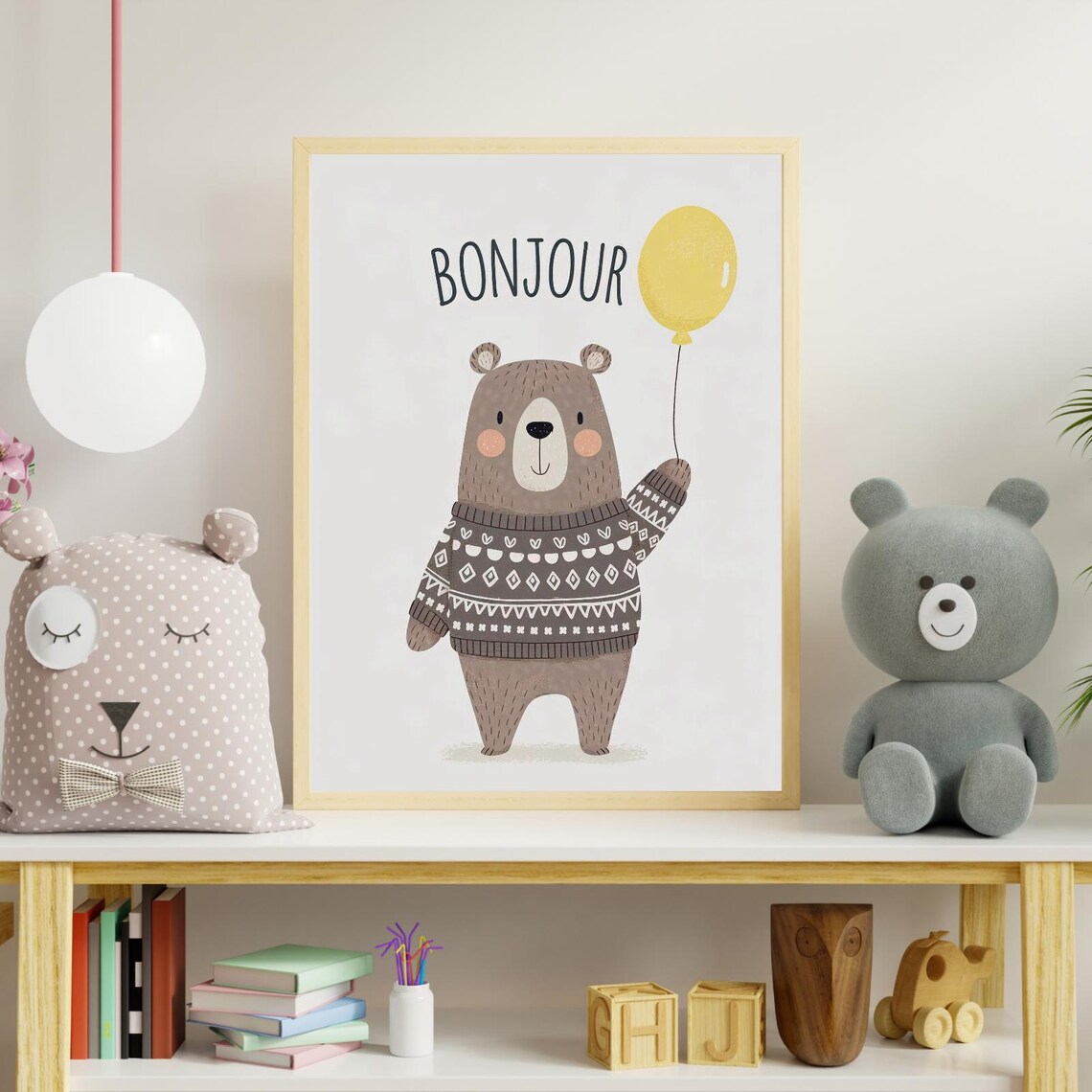 Bonjour Bear Nursery Decor, Scandinavian Poster