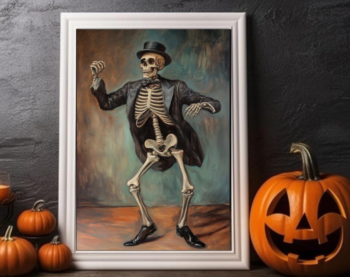 Dancing Skeleton Groom Top Hat Tuxedo Vintage Halloween Painting Poster