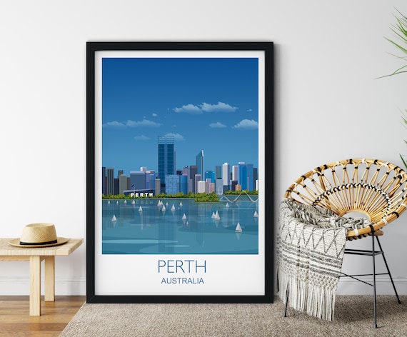 Perth Australia Skyline Sailboats Waterfront Scene Travel Poster