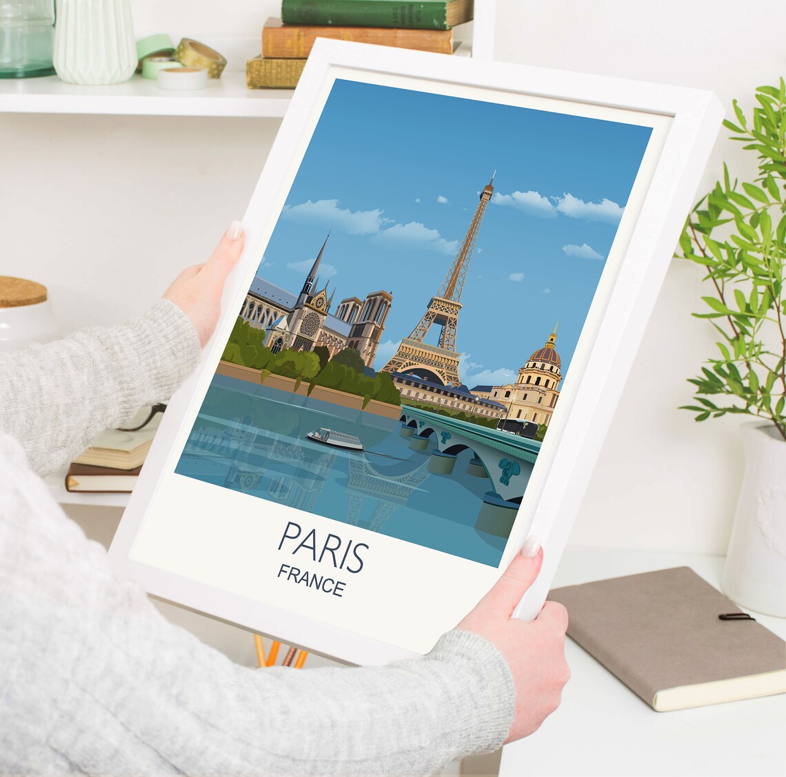 Paris France Travel Poster of Eiffel Tower Notre Dame and Seine - Image 3