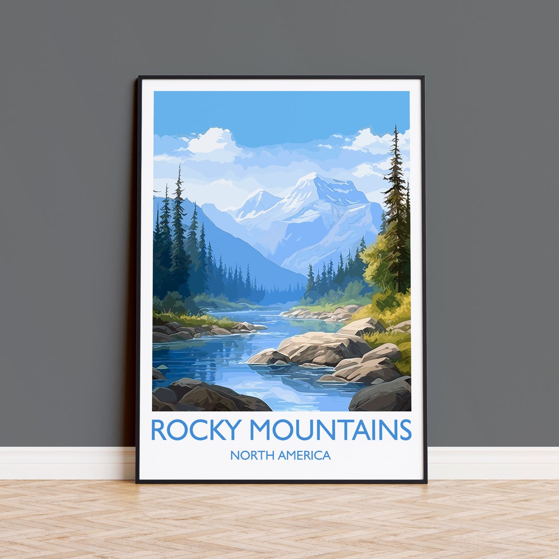 Rocky Mountains Snowy Peak Pine Forest River Scene Travel Poster
