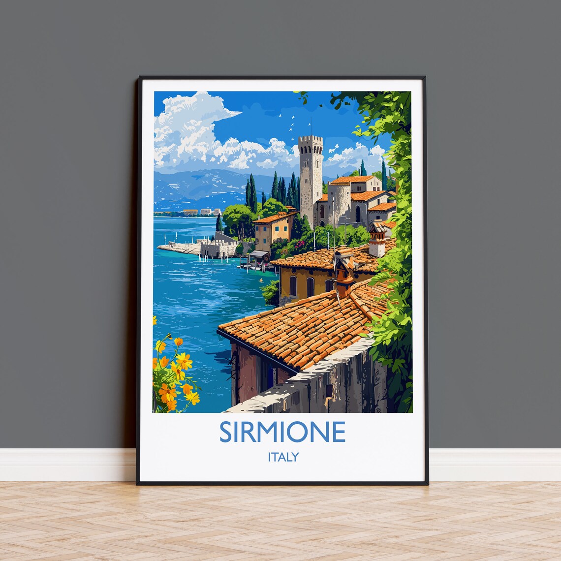 Sirmione Italy Lake Garda Terracotta Roofs Vintage Travel Poster