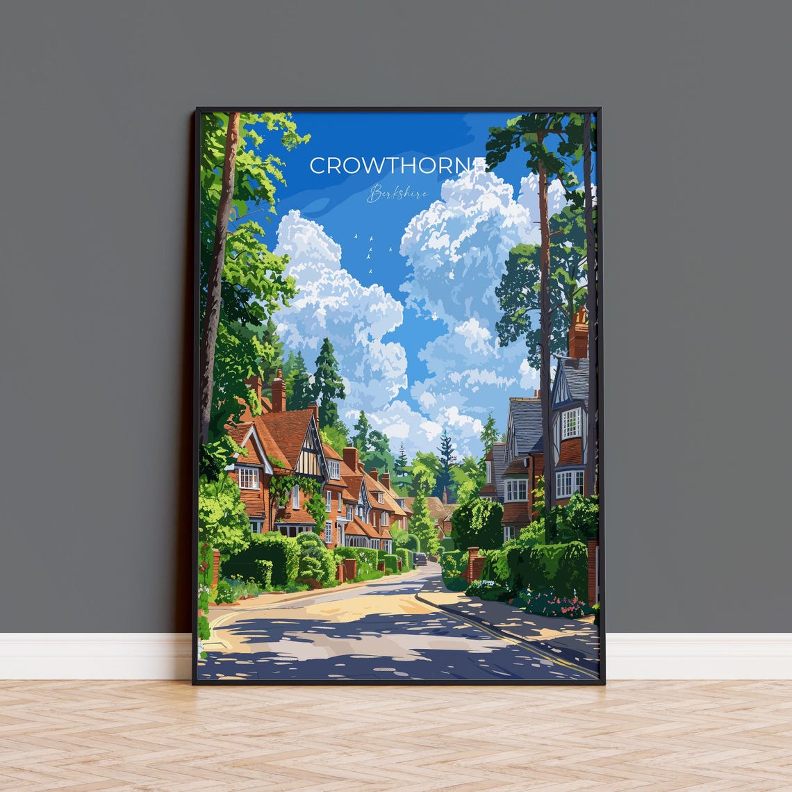 Crowthorne Berkshire Tall Pine Trees Street Modern Travel Poster
