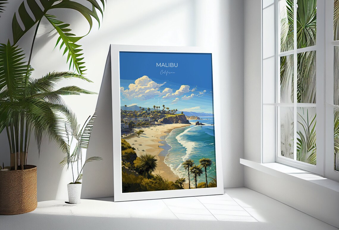 Malibu California Beach Palms Ocean Waves Vintage Travel Poster - Image 3