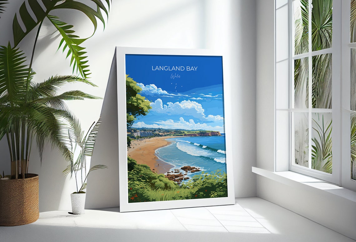 Langland Bay Wales Travel Poster Blue Sky Beach Waves Vintage Style - Image 3