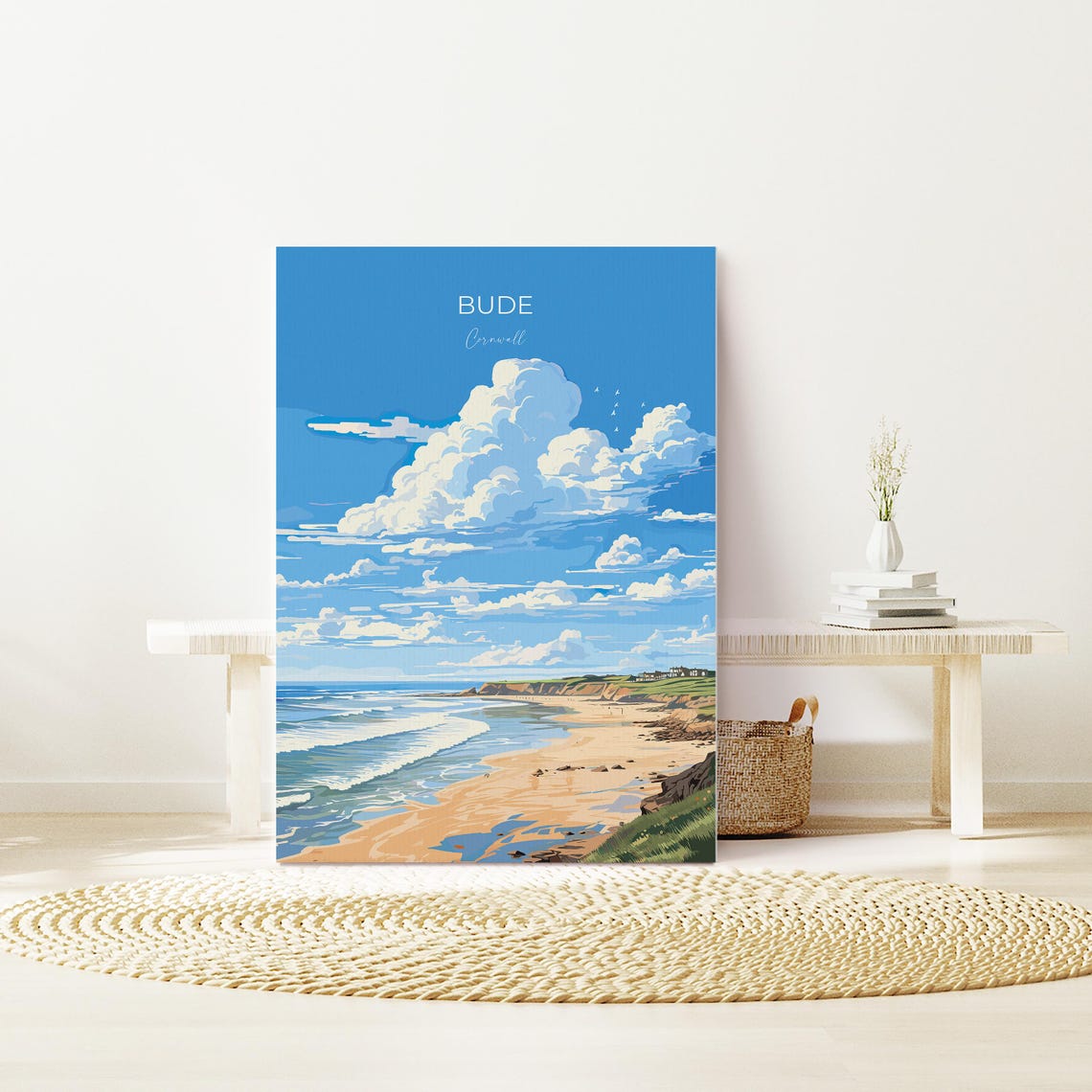 Bude Cornwall Sandy Beach Ocean Waves Rocky Cliffs Travel Poster - Image 2