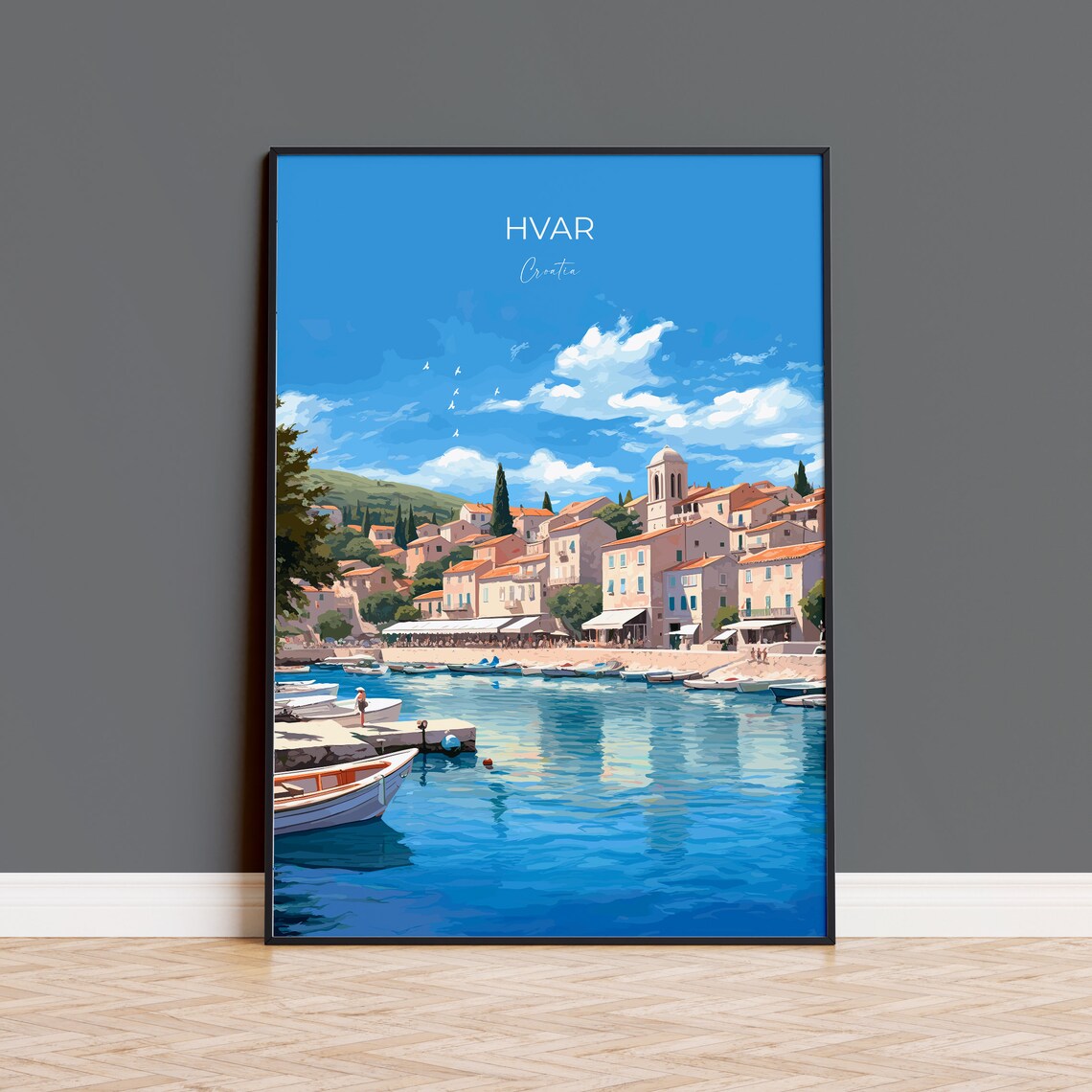 Hvar Croatia Harbor Town Boats Stone Buildings Travel Poster Art