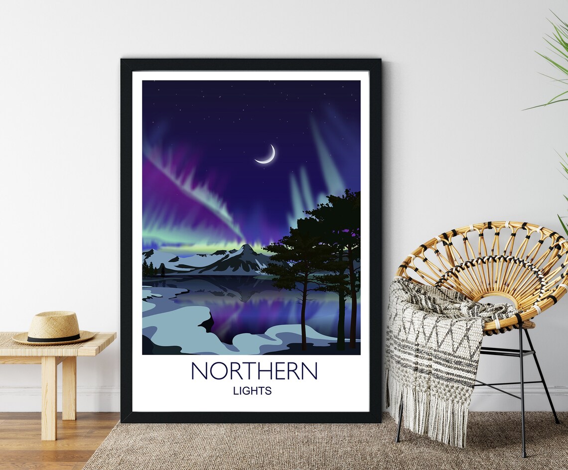 Northern Lights Aurora Over Snowy Lake Minimal Style Art Poster