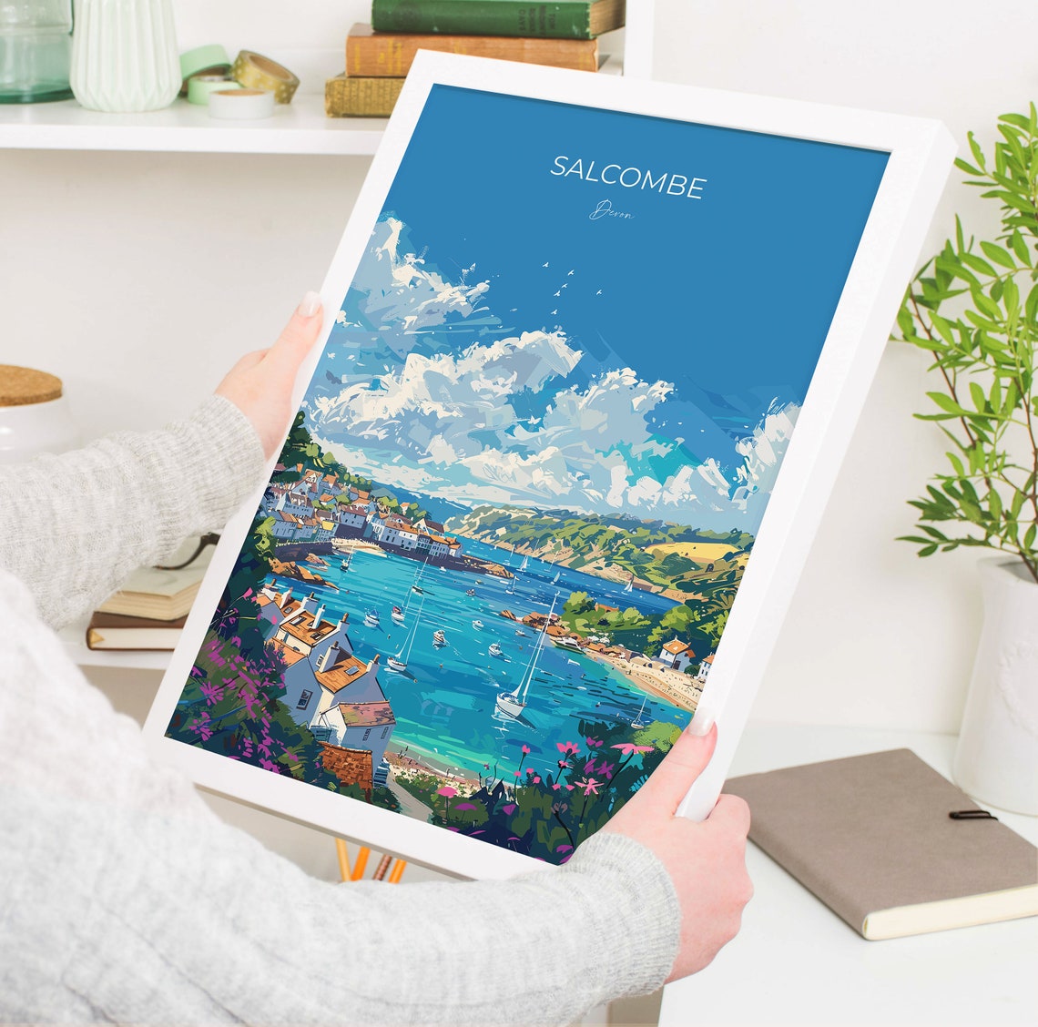 Salcombe Devon Harbor Sailboats Pastel Cottages Coastal Travel Poster - Image 5