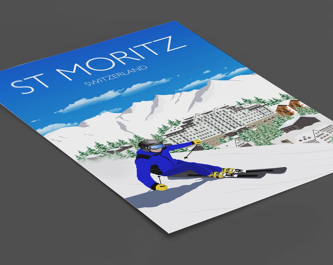 St Moritz Switzerland Skier Alpine Hotel Winter Sports Poster - Image 2