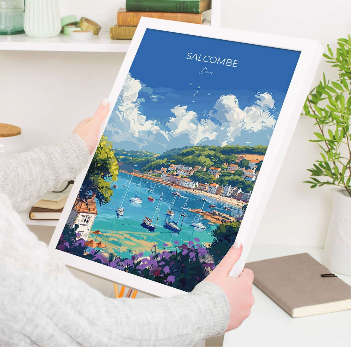 Salcombe Devon Marina View Moored Yachts Green Hills Travel Poster - Image 5