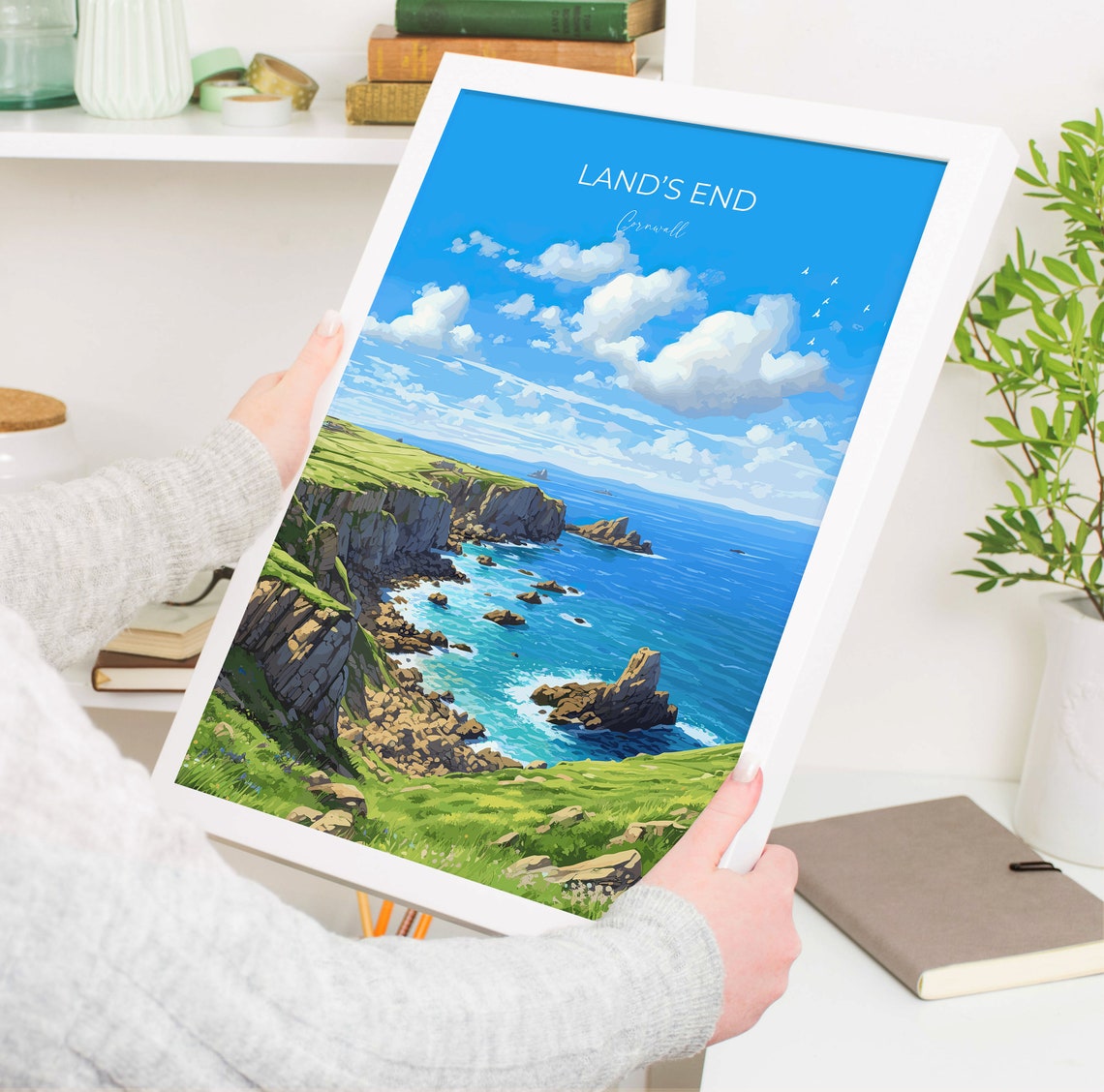 Land's End Cornwall Coastal Cliffs Beach Huts Blue Sky Travel Poster - Image 5