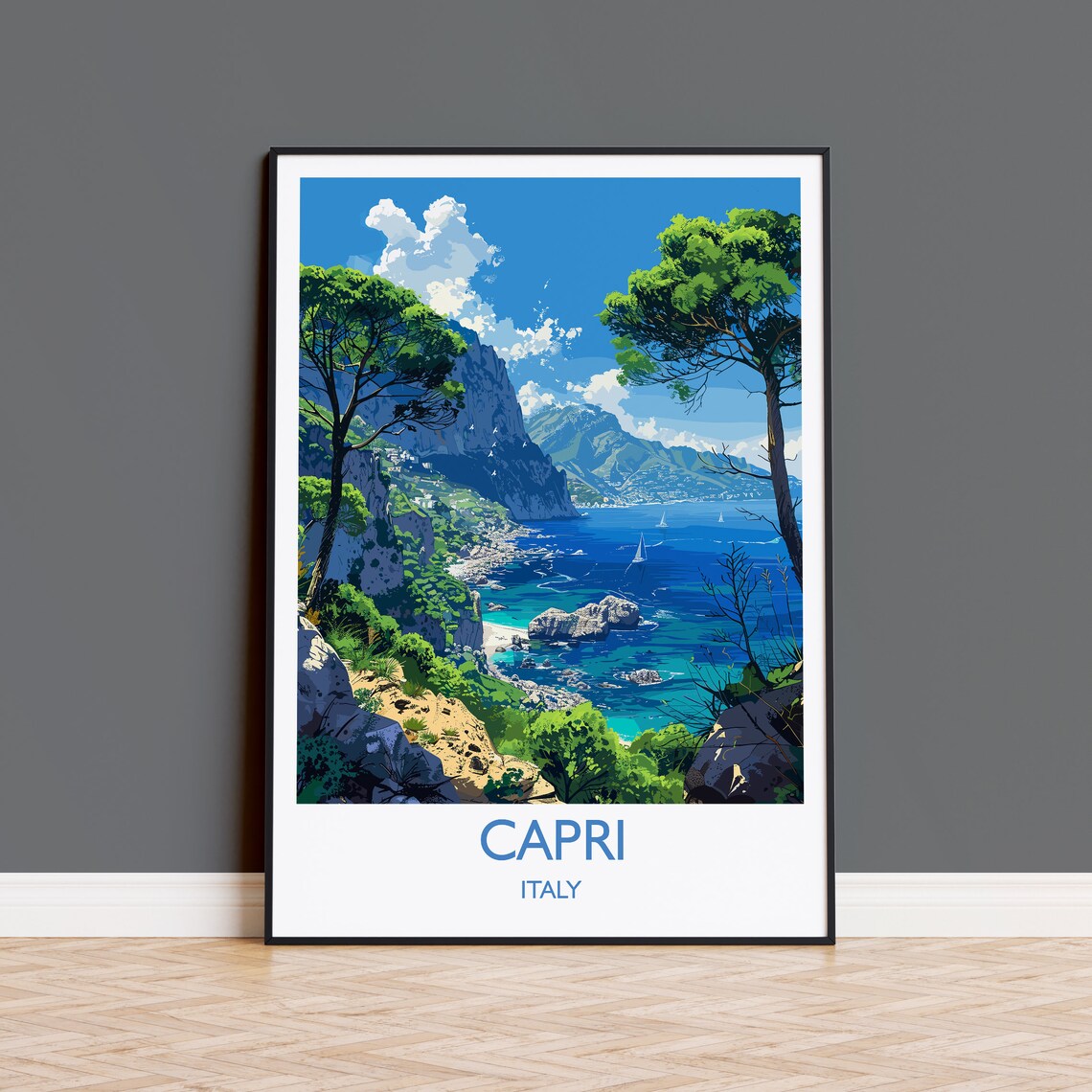 Capri Italy Cliff Cove Sailboats Pine Trees Classic Travel Poster