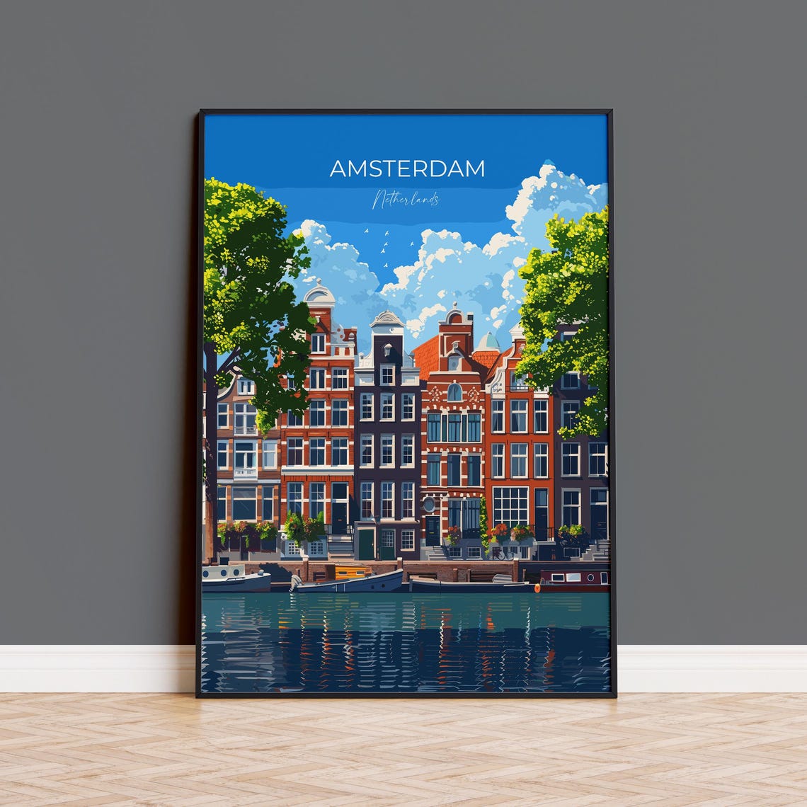 Amsterdam Canal Houses Row Reflected In Water Daytime Travel Poster