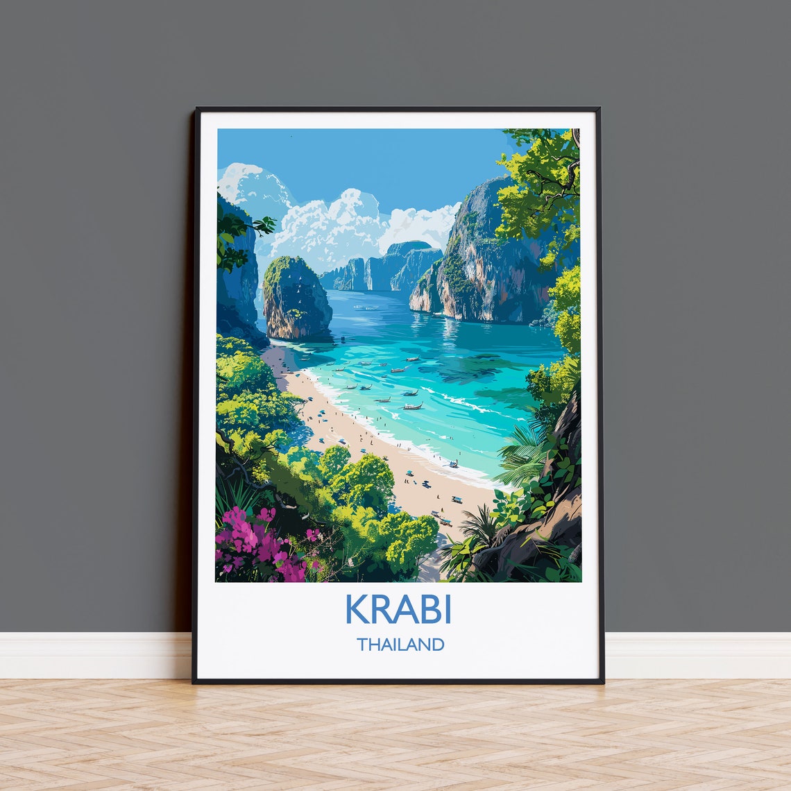Krabi Thailand Emerald Bay Karst Cliffs Beach Scene Travel Poster