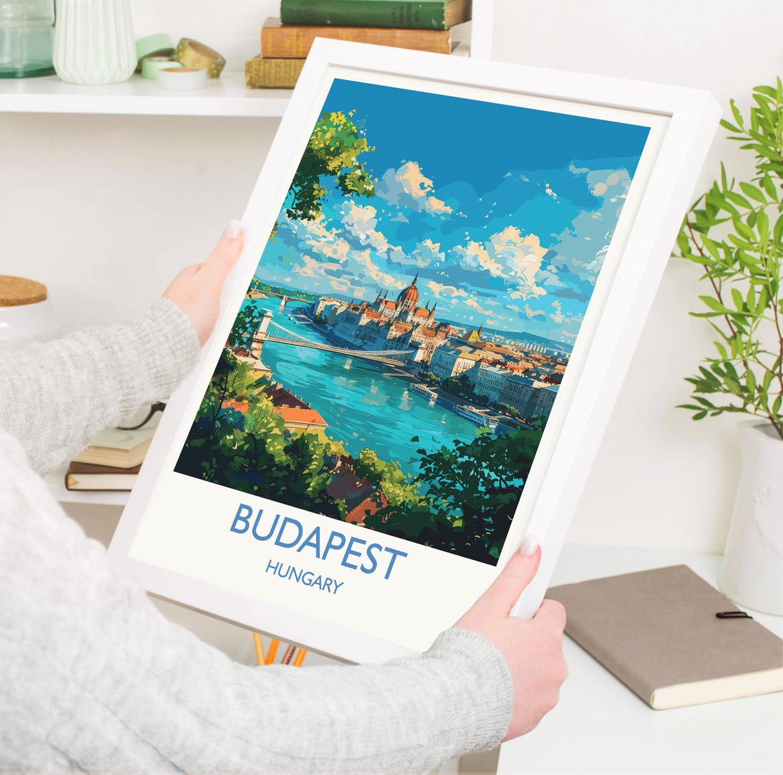 Budapest Parliament Danube View White Border Text Travel Poster - Image 3