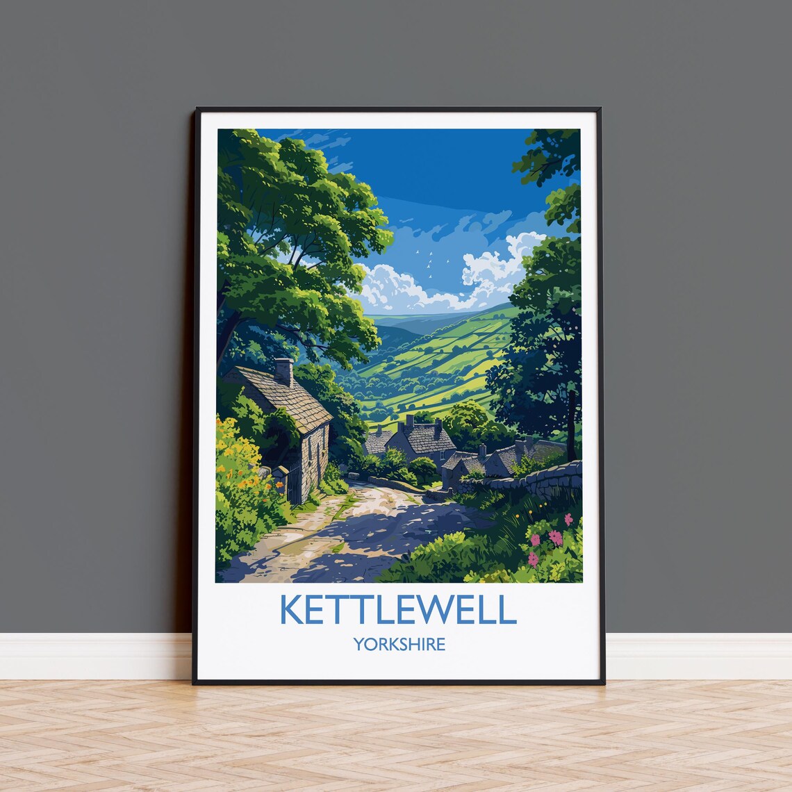 Kettlewell Yorkshire Stone Cottages Lane Retro Travel Poster