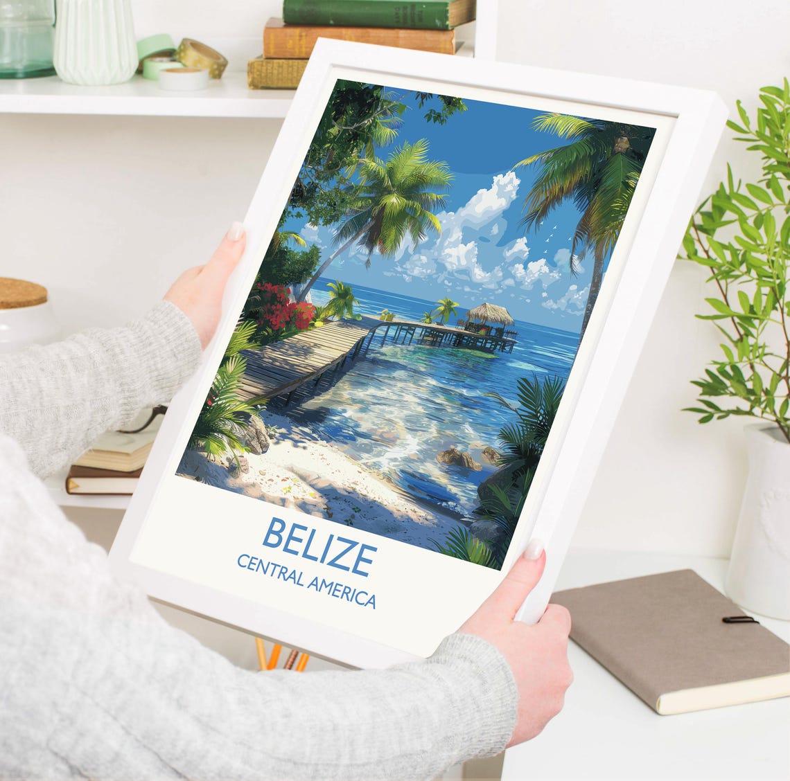 Belize Tropical Beach Pier Palapa Hut Travel Poster With Title Below - Image 3