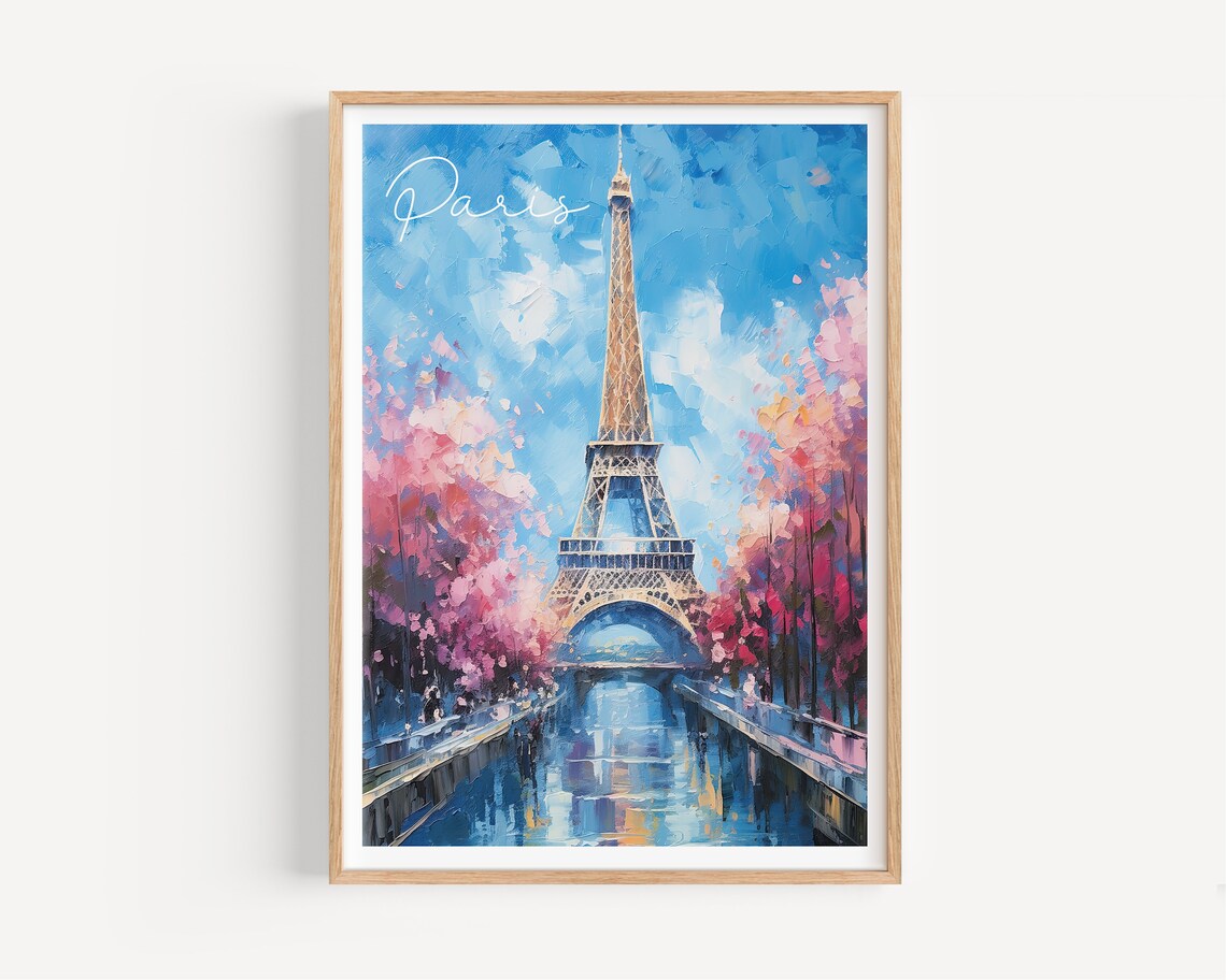 Eiffel Tower Pink Cherry Blossom Spring Paris France Art Poster