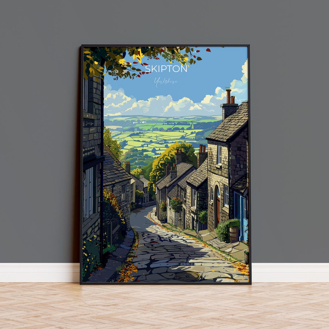 Skipton Yorkshire Cobbled Stone Lane View Modern Travel Poster
