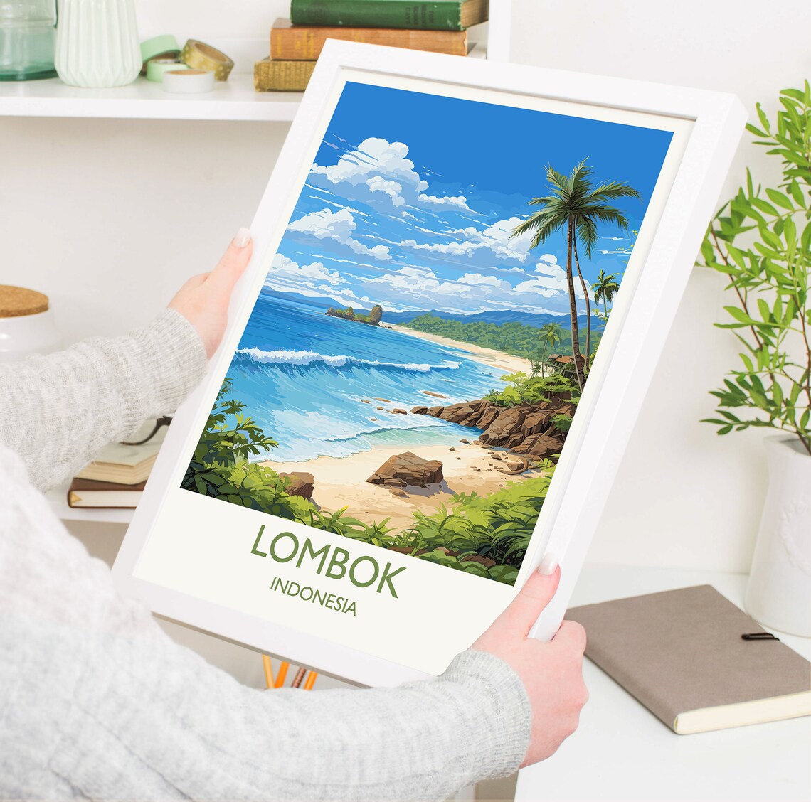 Lombok Indonesia Tropical Beach Palm Surf Travel Poster Island Decor - Image 5