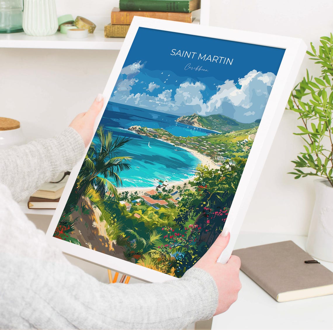 Saint Martin Caribbean Hillside Cove Beach Palm Trees Travel Poster - Image 3