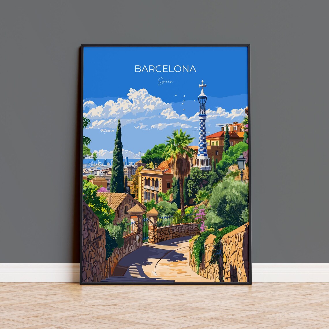 Barcelona Park Guell Mosaic Tower Garden Path View Travel Poster
