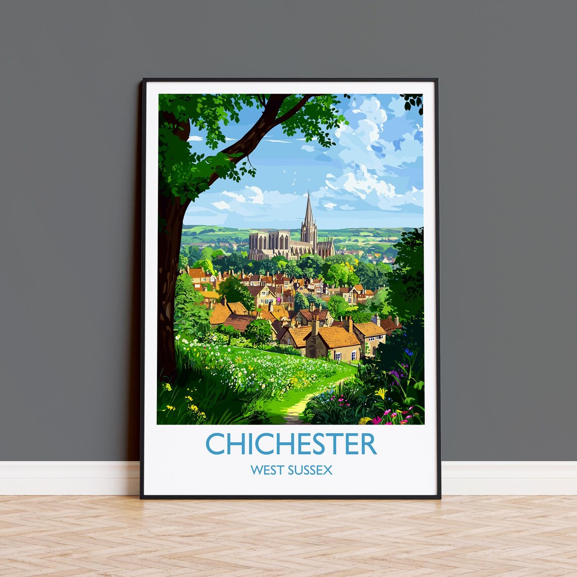 Chichester Cathedral Town Panorama Poster With White Border Art