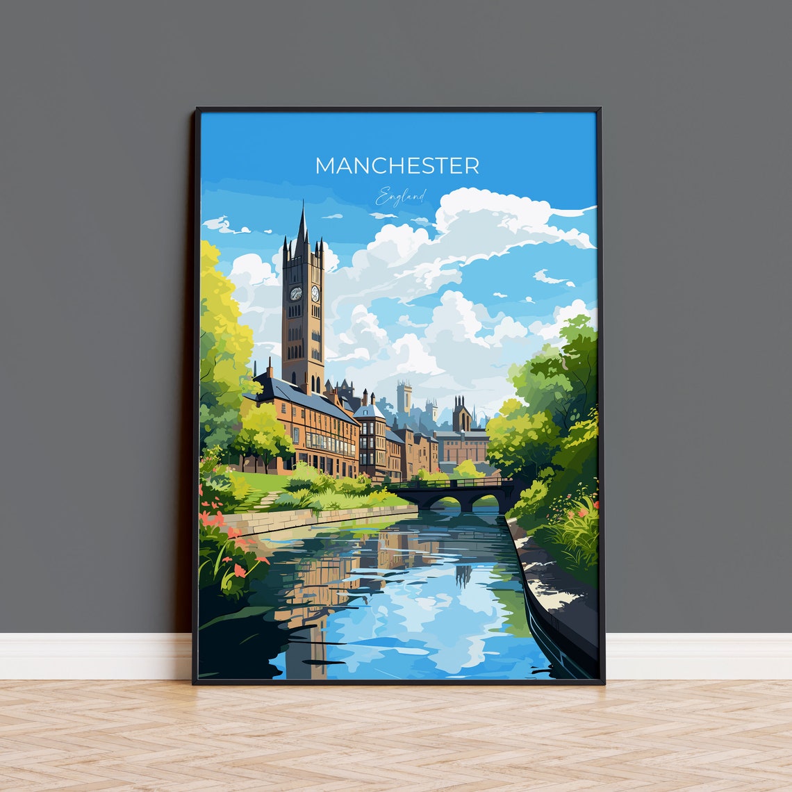 Manchester England Historic Clock Tower Canal Reflection Poster