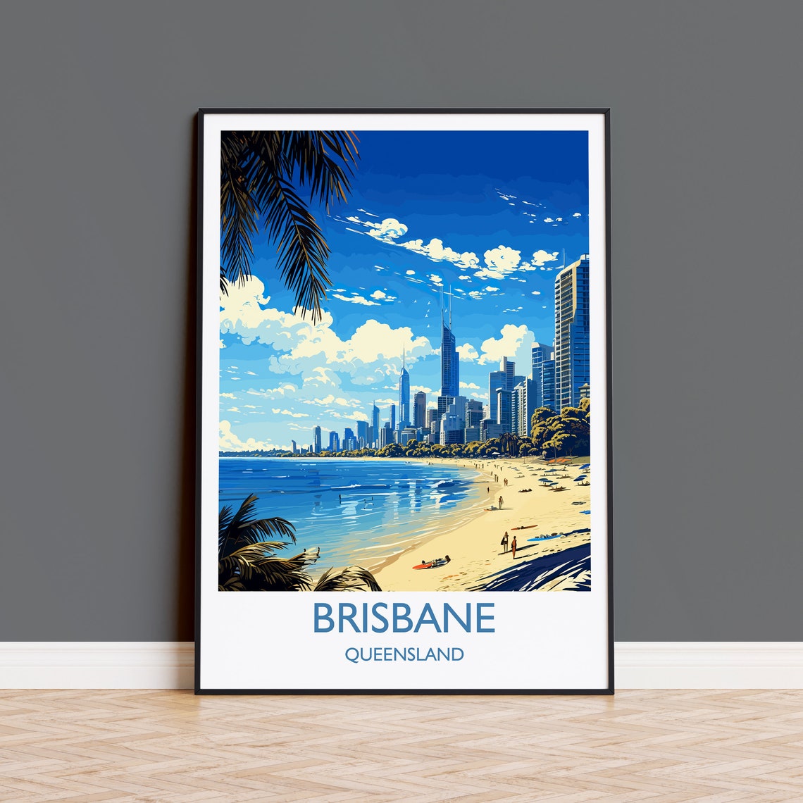 Brisbane Queensland Palm Framed Beach City Skyline Travel Poster