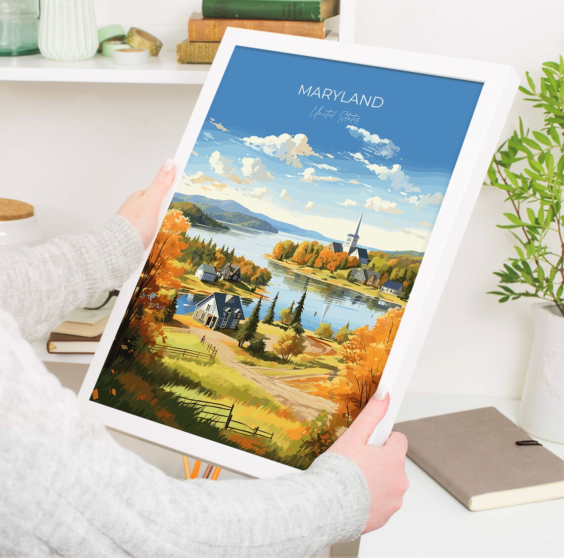 Maryland Autumn Lakeside Town United States Scenic Fall Poster - Image 5