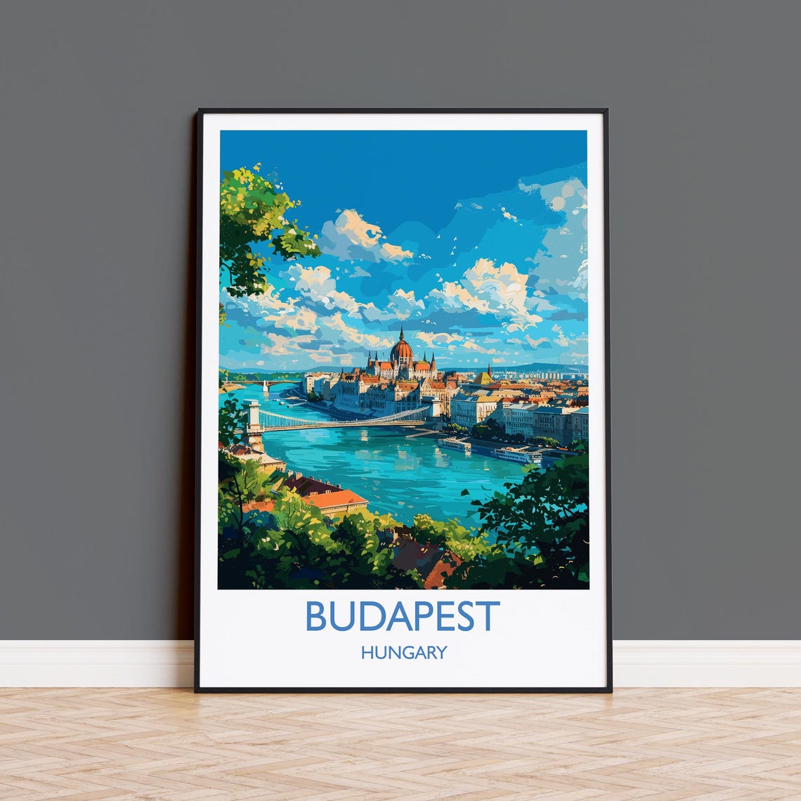 Budapest Parliament Danube View White Border Text Travel Poster