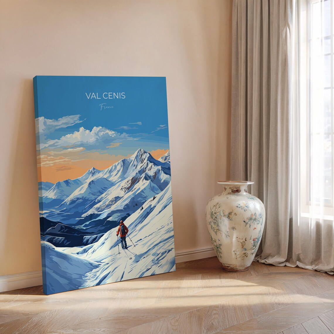 Val Cenis France Golden Hour Skier Mountain Modern Travel Poster - Image 2