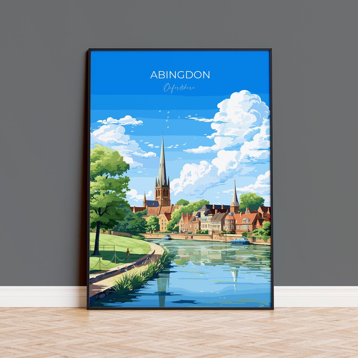 Abingdon Oxfordshire Riverside Church Spire Vintage Travel Poster