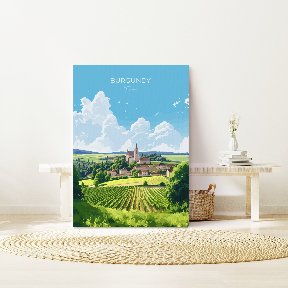 Burgundy France Rolling Vineyards Village Church Travel Poster - Image 3