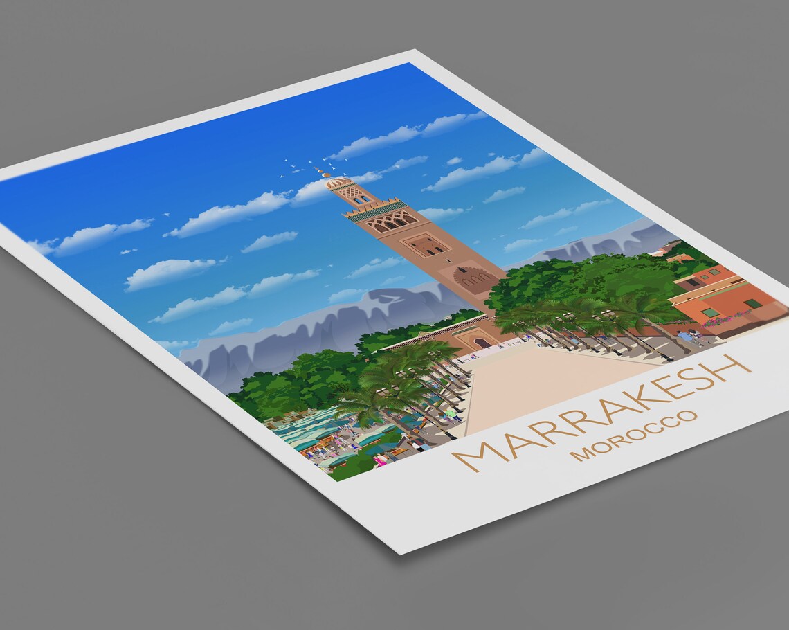Marrakesh Morocco Atlas Mountains Koutoubia Scene Travel Poster - Image 3