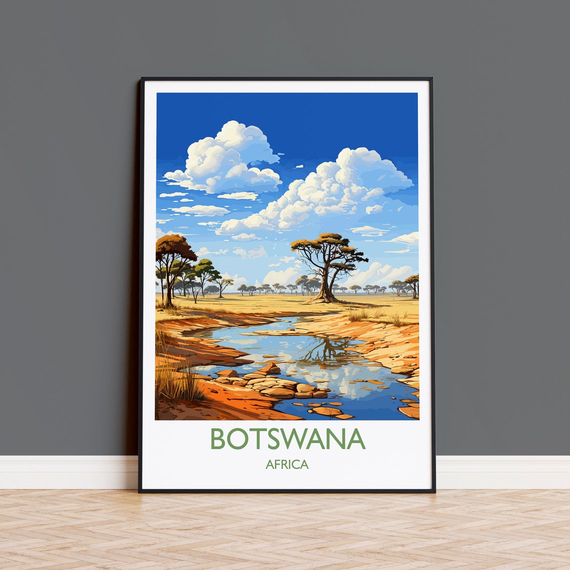 Botswana Africa Waterhole Acacia Trees Blue Sky Travel Poster