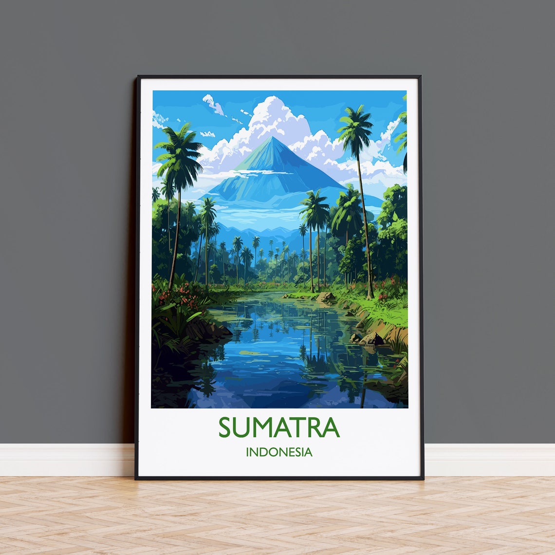 Sumatra Indonesia Volcano Palm River Jungle Vista Travel Poster