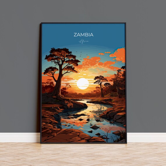 Zambia Travel Poster Wall Art Travel Print Of Zambia Sunset Zambia Gift Zambia Travel Art Africa Art Lovers Gift
