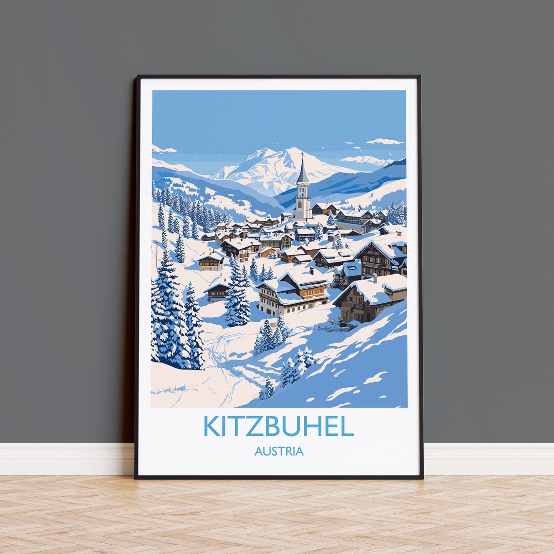 Kitzbuhel Austria Snow Covered Village Church Alpine Travel Poster
