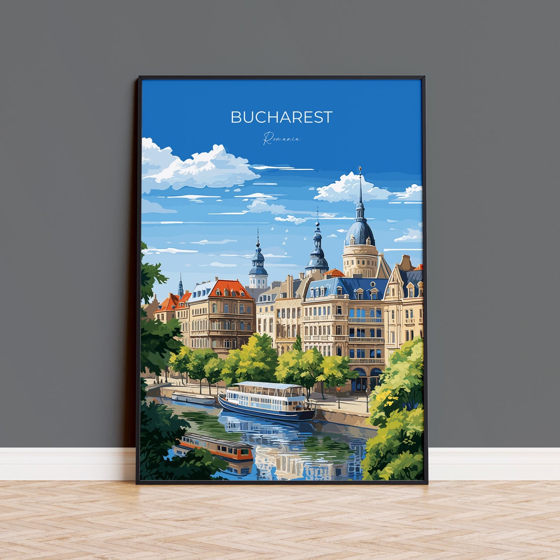 Bucharest Romania Old Town Summer River Boat Vintage Travel Poster