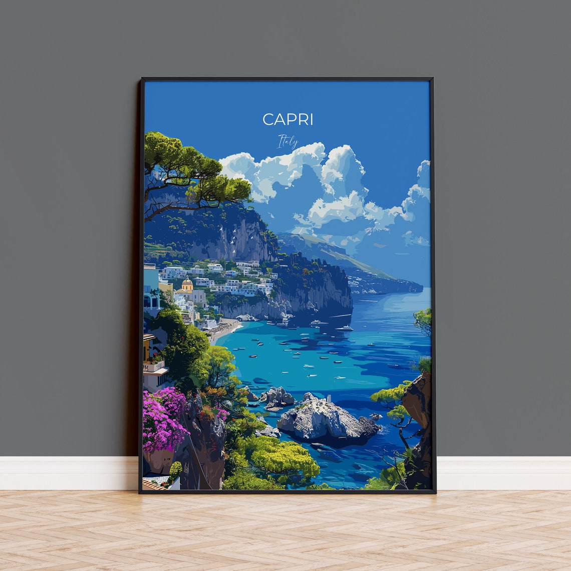 Capri Italy Cliffs Beach Cove Town Bougainvillea Summer Poster
