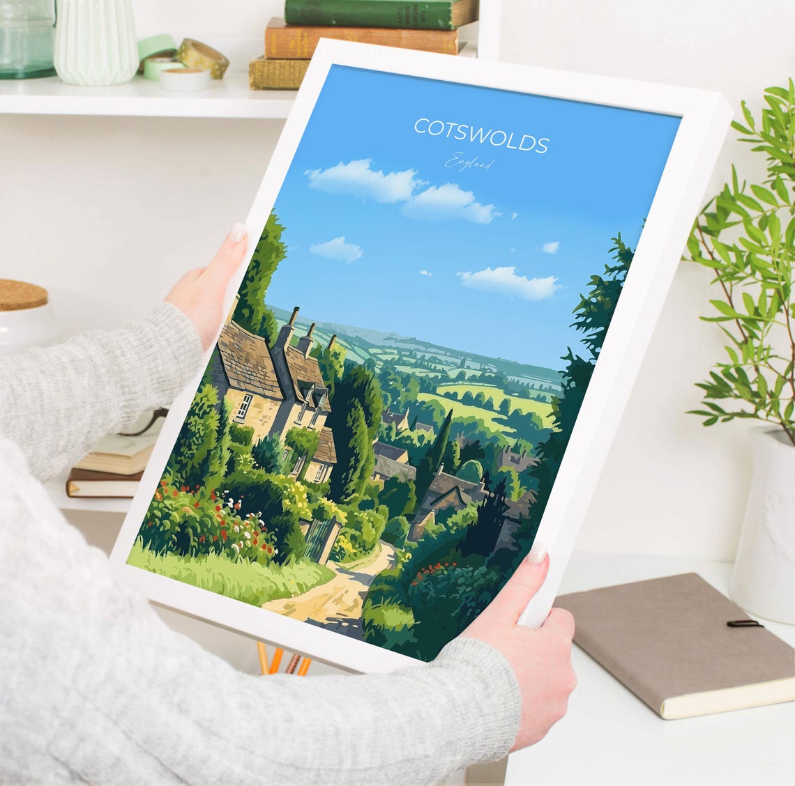 Cotswolds England Stone Cottage Lane Rolling Hills View Poster - Image 3
