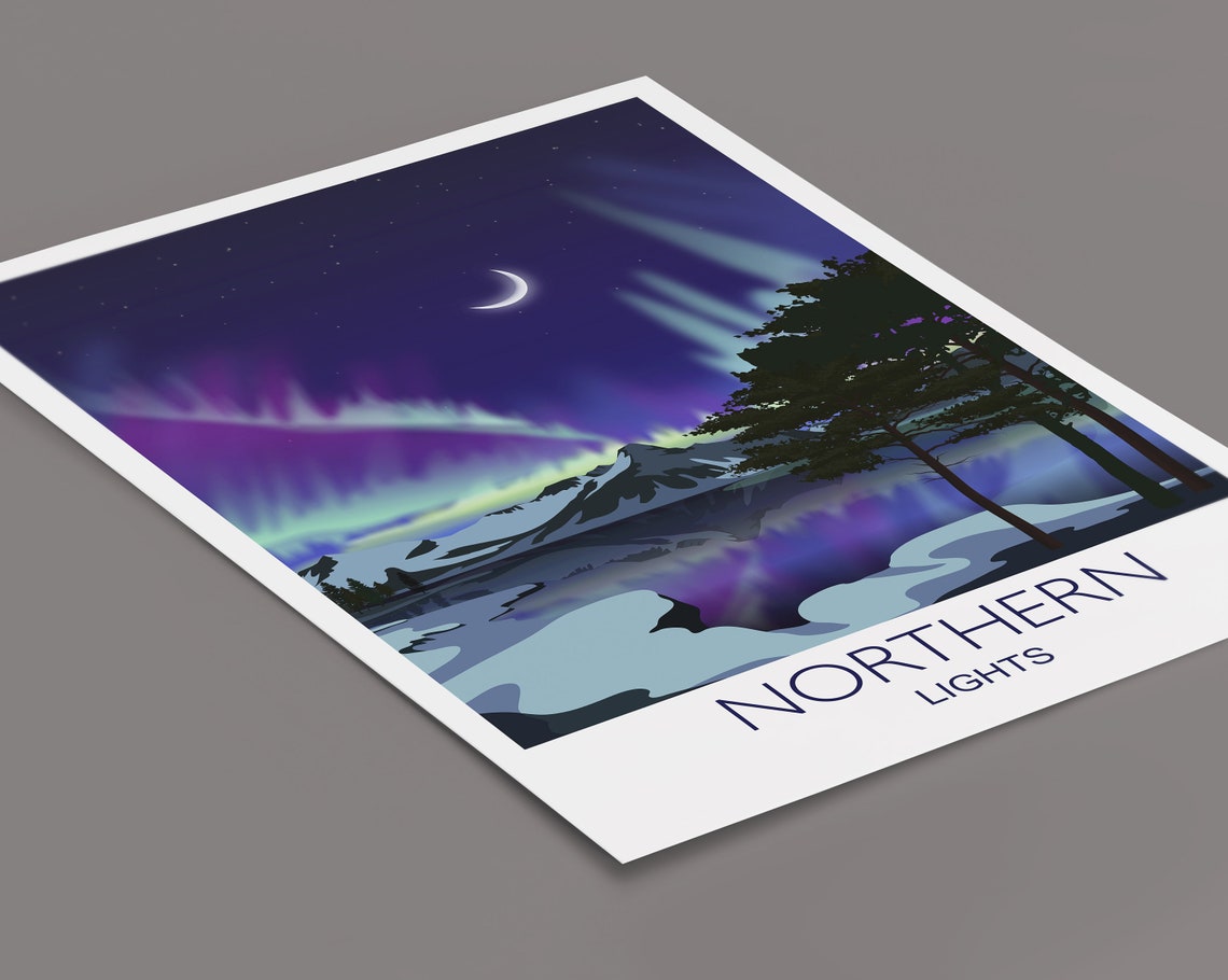 Northern Lights Aurora Over Snowy Lake Minimal Style Art Poster - Image 2