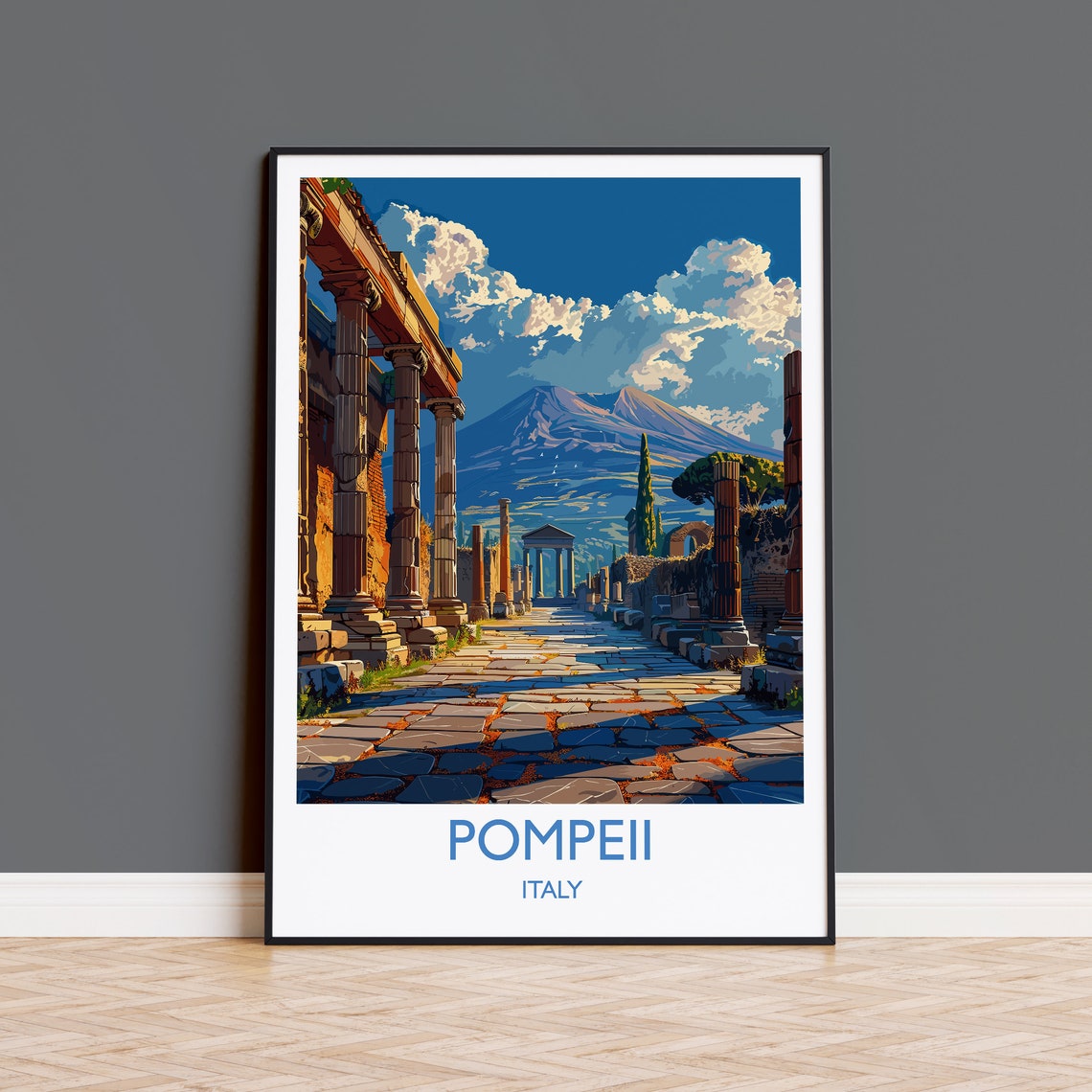 Pompeii Italy Ancient Ruins Column Avenue Mount Vesuvius Travel Poster