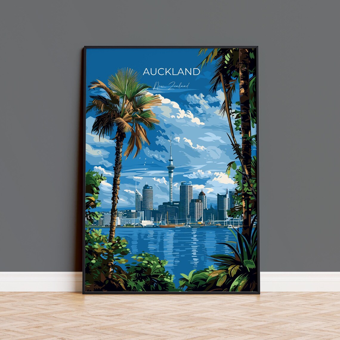 Auckland New Zealand Skyline Sky Tower Palm Trees View Poster