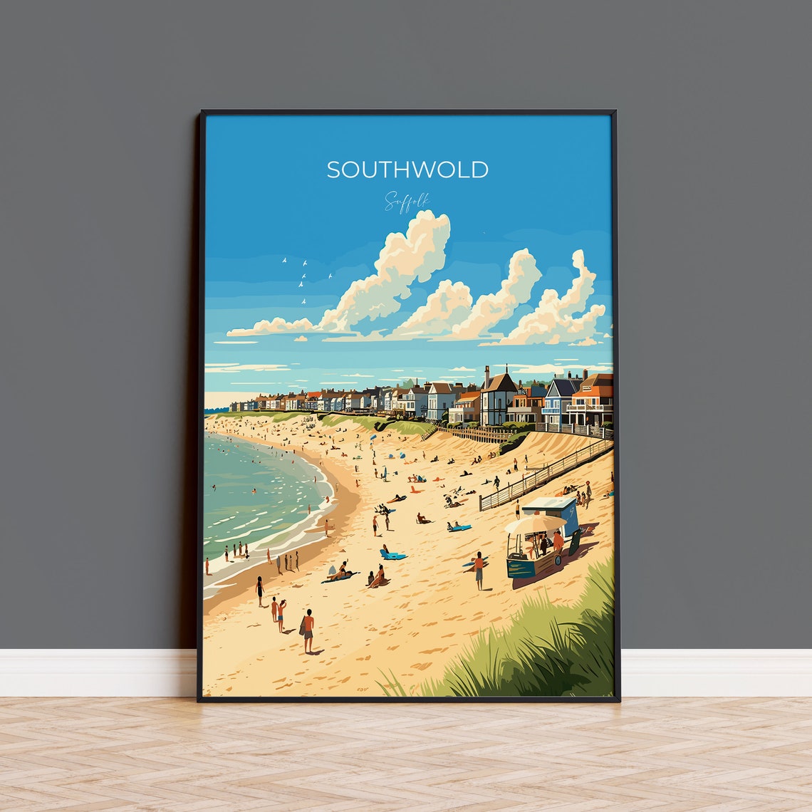 Southwold Suffolk Bustling Summer Beach Seaside Town Travel Poster