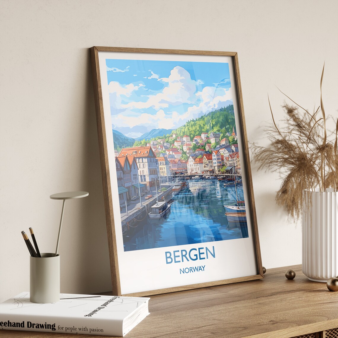 Bergen Norway Colorful Wharf Harbor Boats Fjord City Travel Poster - Image 3